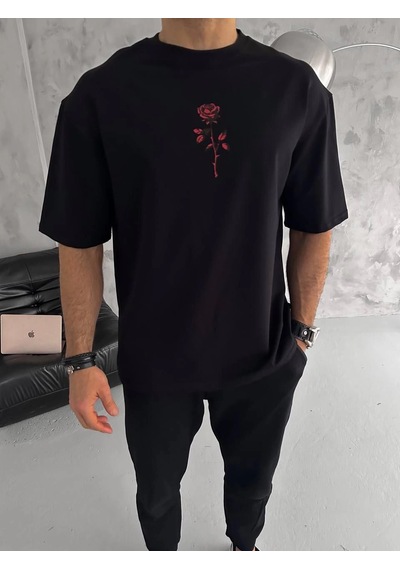 Novalisse Erkek Bisiklet Yaka Baskılı Oversize Kısa Kol T-shirt - Siyah Çoklu Renk