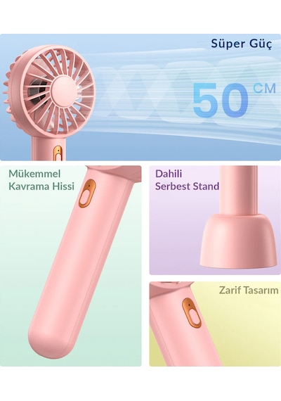 Warmco K30 Taşınabilir Şarjlı Mini El Vantilatörü 1800mah 3 Kademeli Standlı Soğutucu Fan Pembe