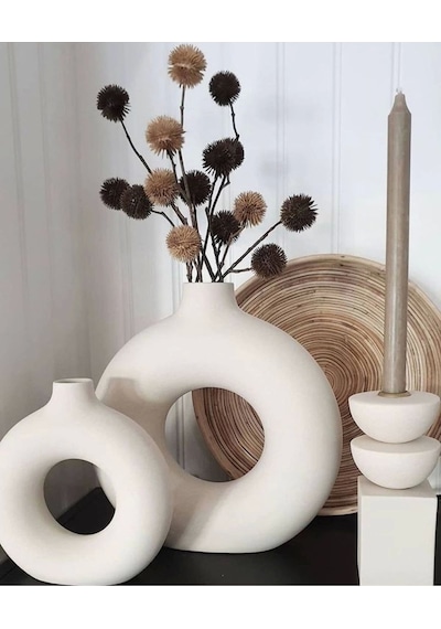 Bohem Halka Vazo Set Büyük 17x18cm, Küçük 14x15cm Dekoratif, Hediyelik Ham Beyaz Beyaz