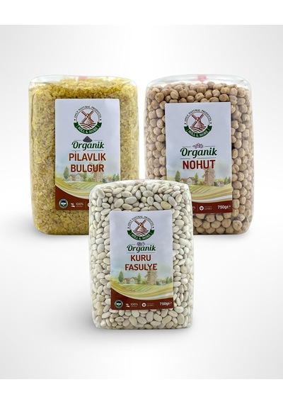 Bakliyat Seti - Organik Pilavlık Bulgur 750 G Organik Nohut 750 G Organik Kuru Fasulye 750 G
