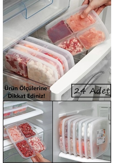 Bayev 24 Adet 4 Bölmeli Öğünlük Et Sebze Balık Saklama Kabı - Buzluk Kıyma Organizeri Düzenleyici