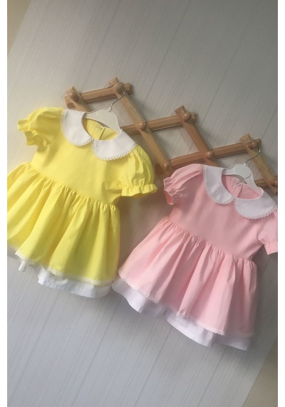 Dantel Detaylı Bebe Yaka Sarı Kız Çocuk Bebek Elbise 001