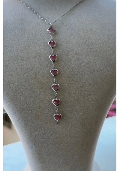 Kadın Gümüş Renk Kalpli Özel Tasarım Y Model Kolye 45 Cm Pembe