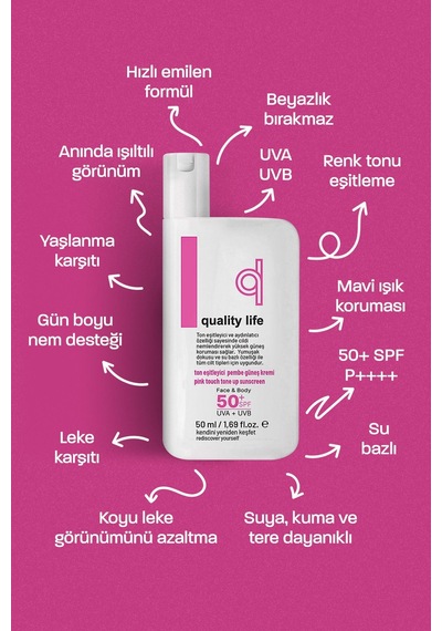 Quality Life Ton Eşitleyici ve Aydınlatıcı Pembe Güneş Kremi SPF50+ 50 ML