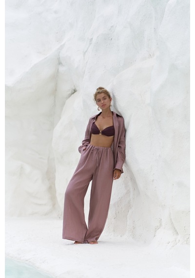 Mai Collection Mai Studios Co. Jelsomina Oversize Açık Bordo Keten Gömlek Pantolon Takım Acık Bordo