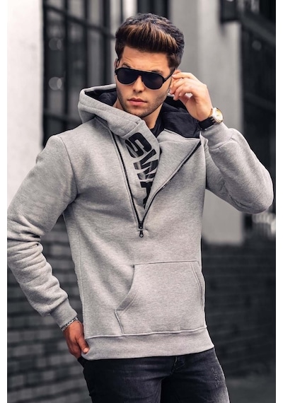 Madmext Gri Fermuar Detaylı Kapüşonlu Sweatshirt 1767 Gri
