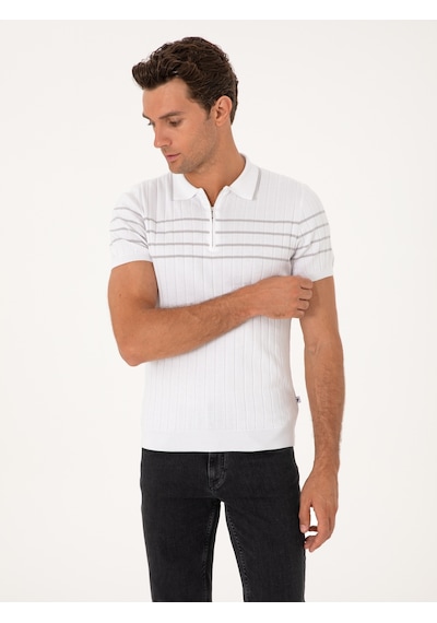 Beyaz Slim Fit %100 Pamuk Fermuarlı Polo Yaka Triko T-shirt