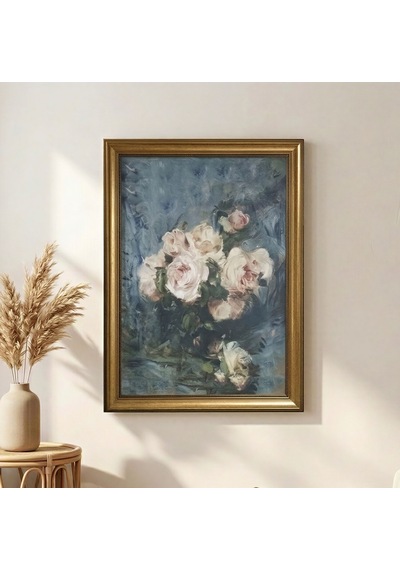 Antika Gold Çerçeveli Pastel Tonlu Mavi Güller Tablosu - Vintage Salon Duvar Dekoru 80x60 Cm