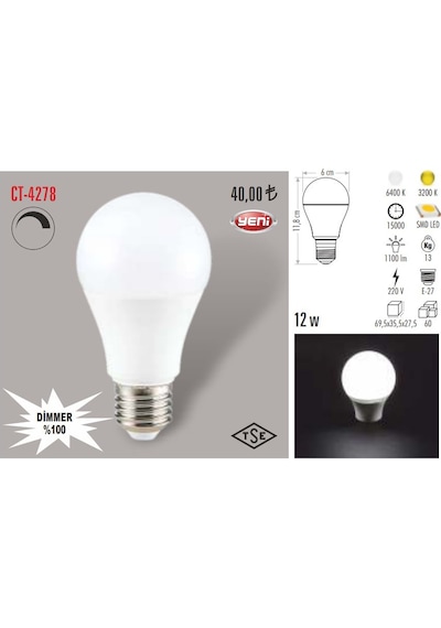 Cata Ct-4278 12 Watt Dim Edilebilir Led Ampul E27 Beyaz