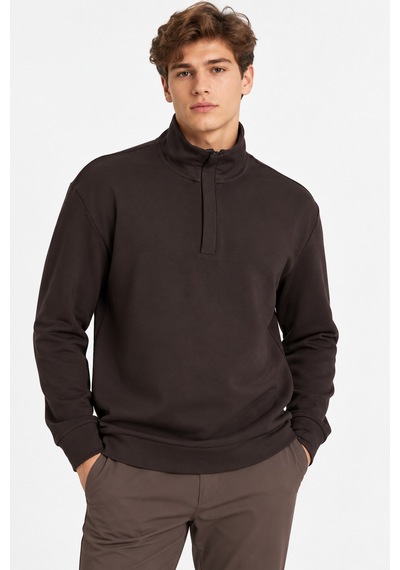 We&me Erkek Dik Yaka Yarım Fermuarlı Uzun Kollu Günlük Sweatshirt Kahverengi