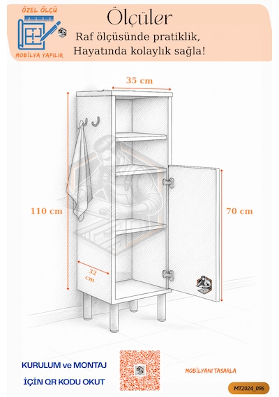 Tamamı Mdf Tek Kapaklı Havluluklu Banyo Dolabı Çok Amaçlı Dolap