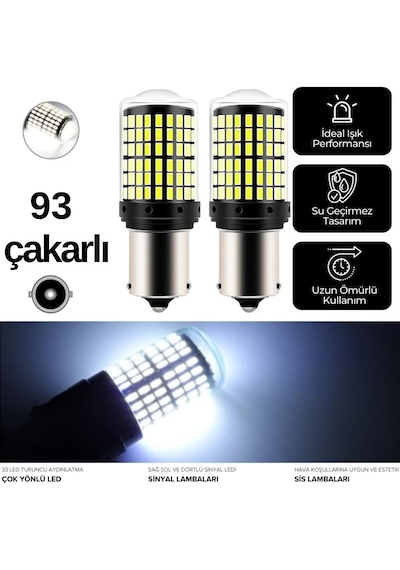 Carub Ampul 12v 93 144 Led Şeffaf Oto Geri Vites Ampulü Fren Stop Sis Sinyal Lambası Düz Çakarlı Beyaz Br0404040