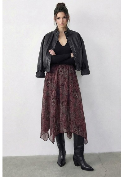 Shade Kadın Etnik Desenli Asimetrik Kesim Astarlı Etek 60286034 - Bordo