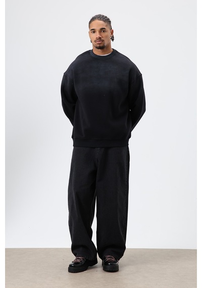 Vamos Yıkamalı Taş Detaylı Oversize Sweatshirt Siyah