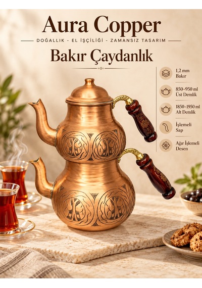 Aura Copper Ağır El İşlemeli Kalın Bakır Çaydanlık Takımı 1,2 Mm 27 Cm Bakır Mat/ac-cy-031