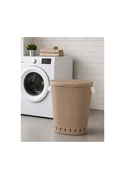 Stil 65 Lt Geniş Hacimli Hava Alan Delikli Kapaklı Kirli Sepeti Plastik Banyo Çamaşır Sepeti - Bej - 913226211 Bej