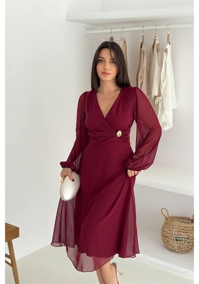 Neşeli Butik Kadın Bordo Astarlı Tokalı Şifon Elbise Nbk30281 Bordo