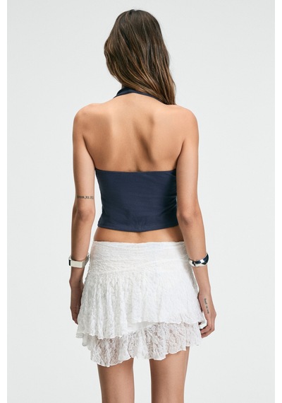 Grimelange MORIENNE Kadın Halter Yaka Kalın Askılı Sırtı Açık Crop Lacivert Bluz