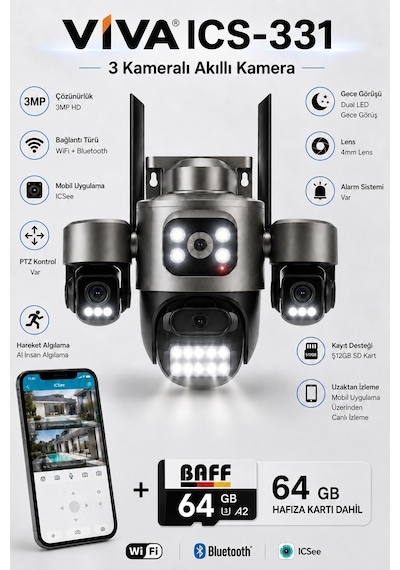 Ics-331 3 Kameralı Akıllı Dış Mekan Ptz Wifi Güvenlik Kamerası 3mp, Icsee, Aı İnsan Takip, Çift Yönlü Ses + 64 Gb Hafıza Kartı Dahil