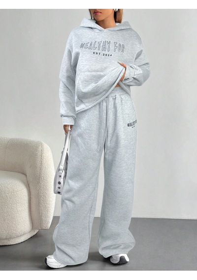 Macklin Unisex Kadın Erkek Healty For Baskılı Oversize 3 İplik Kapüşonlu Sweatshirt Ve Baggy Eşofman Altı Gri Melanj