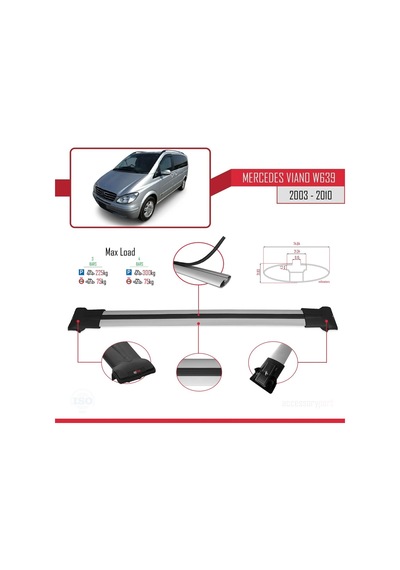 Mercedes Viano 2003-2010 Arası İle Uyumlu Fly Model Ara Atkı Tavan Barı Gri 4 Adet Bar