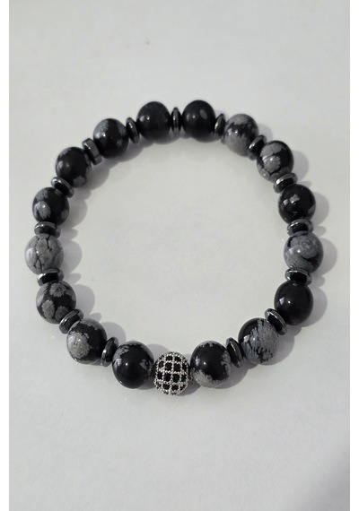 8 Mm Zirkon Taşı, Hematit, Karlı Obsidyen Doğaltaş Bileklik Siyah - Beyaz