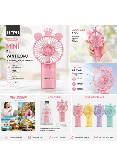 Hepu Hp-f05 Şarjlı Mini El Vantilatörü Usb Taşınabilir El Fanı Sessiz 3 Kademeli Çocuk Ve Yetişkin U