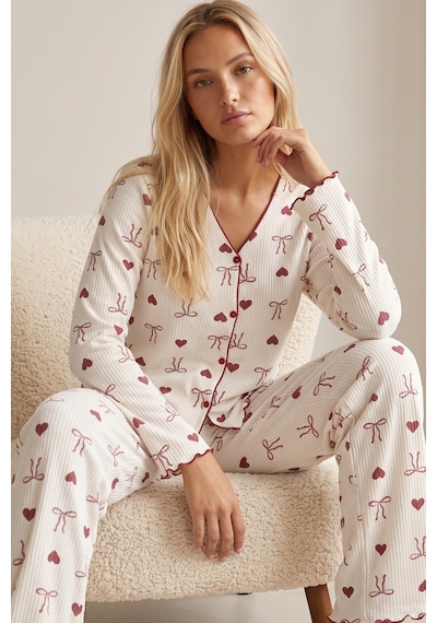 Siyah İnci Yumuşak Tuşe Kışlık Fitilli Pamuklu Örme Düğmeli Hırka Pijama Takım 8073 Bordo Kalp Fiyonk