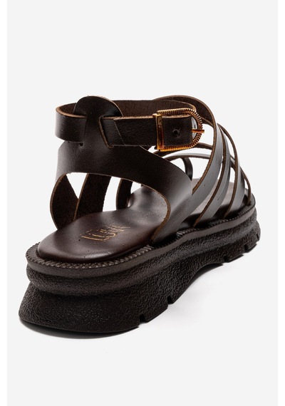 Luvishoes Elsa Kahverengi Hakiki Deri Çok Bantlı Kadın Parmak Arası Sandalet