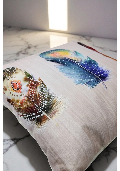 Renkli Tüyler Dijital Baskılı Kırlent Kılıfı - 40x40 Cm Ekru