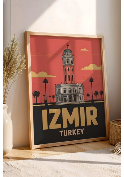 İzmir Saat Kulesi Tablo - Retro Travel Poster - Şehir Serisi Duvar Dekoru - Çerçeveli Poster Kayın