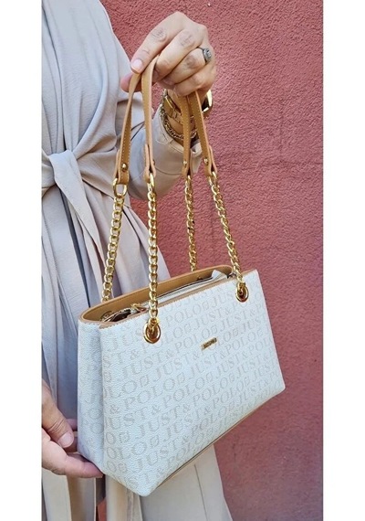 Just Polo Kadın Baskılı Uzun Ayarlanabilir Askılı Şık El Ve Omuz Çantası Shoulder Bag Beyaz - Taba