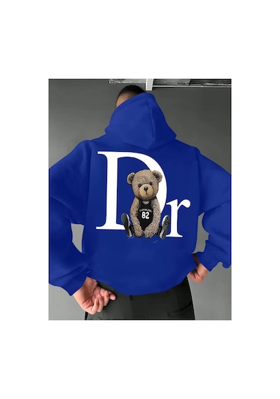 Herkesemoda Arka Ayı Baskı Detaylı İçi Polarlı Kapüşonlu Sweatshirt Mavi