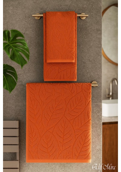 Banyo & Yüz Havlusu Seti Dokulu %100 Pamuk 90x150 + 50x90 Cm Foliva Turuncu