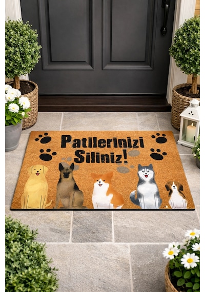 Esnature Köpek Desenli Patilerinizi Silin Yazılı Kapı Önü Paspası 45x70 Cm Çok Renkli