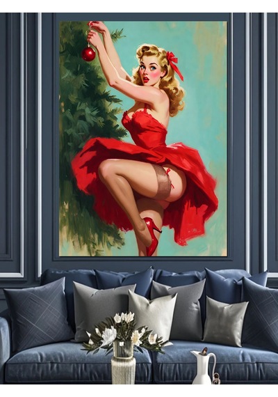 Ahşap Tablo Kırmızı Elbiseli Pin-up Kız