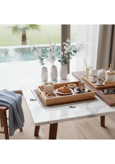 Bambu Dikdörtgen Sunum Tepsi, Bambu Sofra Tepsisi, Çay Tesisi 35cmx25cmx6cm Açık Bej