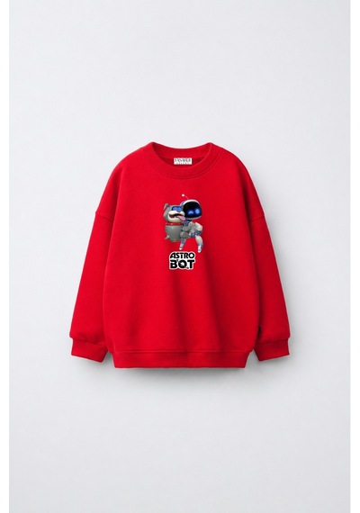 Fasardi Astro Bot Baskılı Oversize 3 İplik Şardonsuz Uzun Kollu Unisex Çocuk Sweatshirt Kırmızı