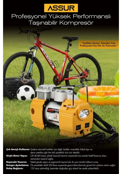 Assur ASR8047 12V Çakmaklık Girişli 150 Psi Hava Kompresörü Sarı