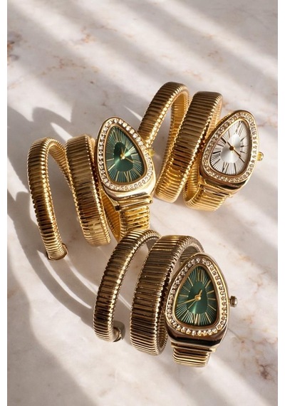 Kora Taşlı Gri Kadran Gold Kordon Yılan Model Kadın Kol Saati Altın