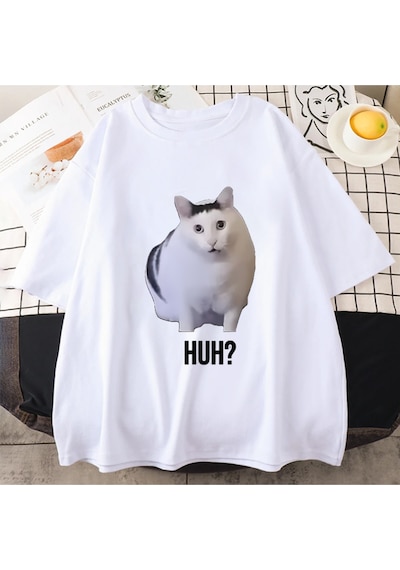 Flood Of Style Kedi Ha Diyor Komik Meme Baskı T-shirt Erkekler Kadınlar 100% Pamuk Streetwear Vintage Kısa Beyaz