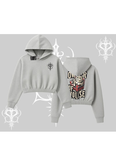 Startmore The Owner Of House Kedi Arka Baskılı Kapşonlu Crop Sweatshirt Gri