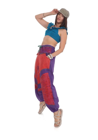 Bohem Stil Hint Otantik Yıkamalı Taşlanmış Patchwork Unisex Şalvar Pantolon-9188 Mor