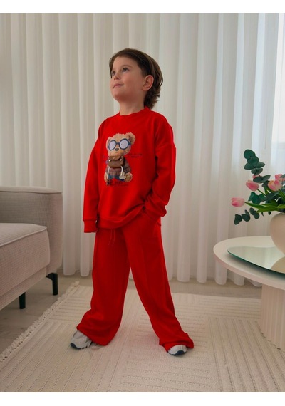 Mila Mood Erkek Çocuk Ayıcık Baskılı Eşofman Takımı Kırmızı Sweatshirt Bol Paça Pantolon