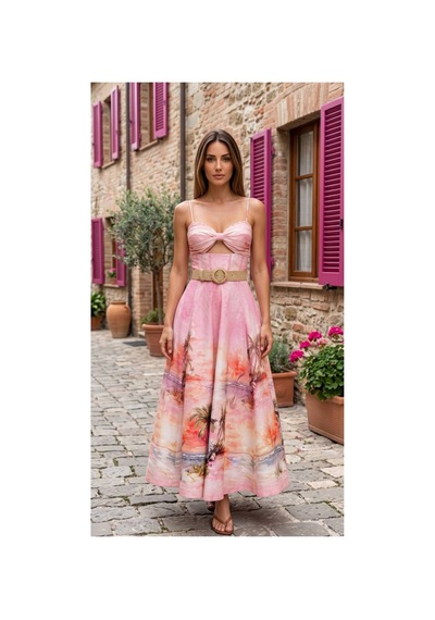 Wellway Keten Kumaş Model Düğme Detaylı Elbise Kemer Dahildir -pembe-3038 Yeşil