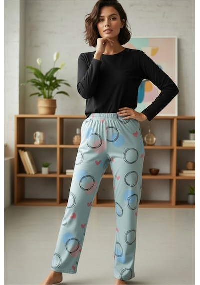 Siyah İnci Pamuklu Örme Pijama Takım 7975 Mint Pembe Kalp