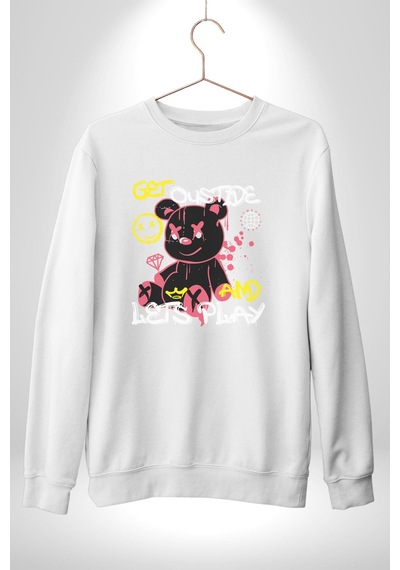Dışarı Çık Ve Oynayalım Teddy Unisex Beyaz Sweatshirt Beyaz