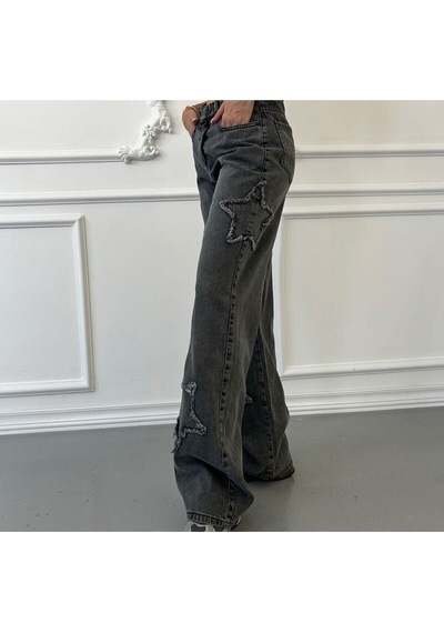2424 Kadın Yıldız Detaylı Baggy Jeans Kot Denim Pantolon Gri