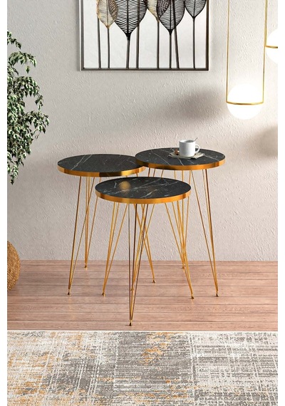 Bendir Gold Metal Ayaklı Gold Detaylı Zigon Sehpa