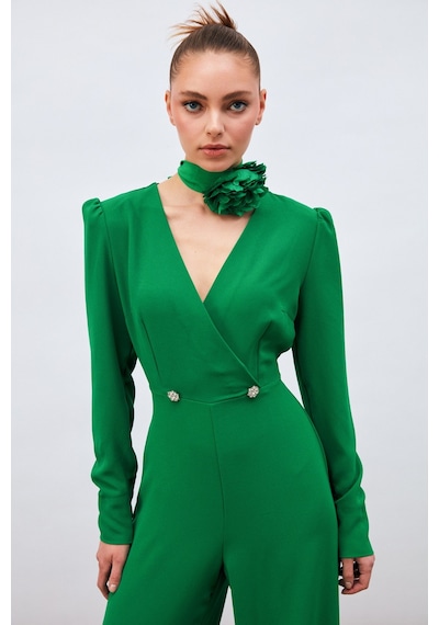 Sateen Kruvaze Süs Taşlı Krep Tulum - Yeşil